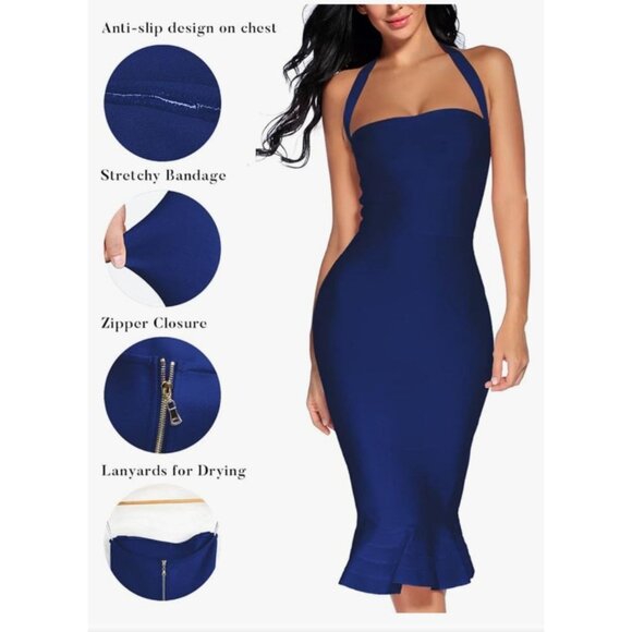 Womens Size XS Bandage Midi Halter Dress Ruffle Hem Zipper Closure Stretch Party - Picture 2 of 12